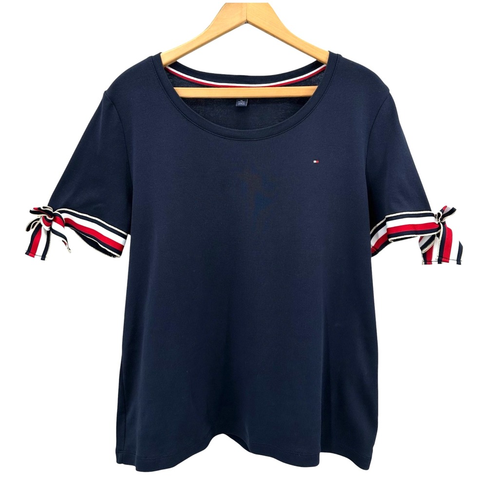 Tommy Hilfiger Ribbon Trim Top Navy Blue Cotton Stretch Short Sleeves Women's XL